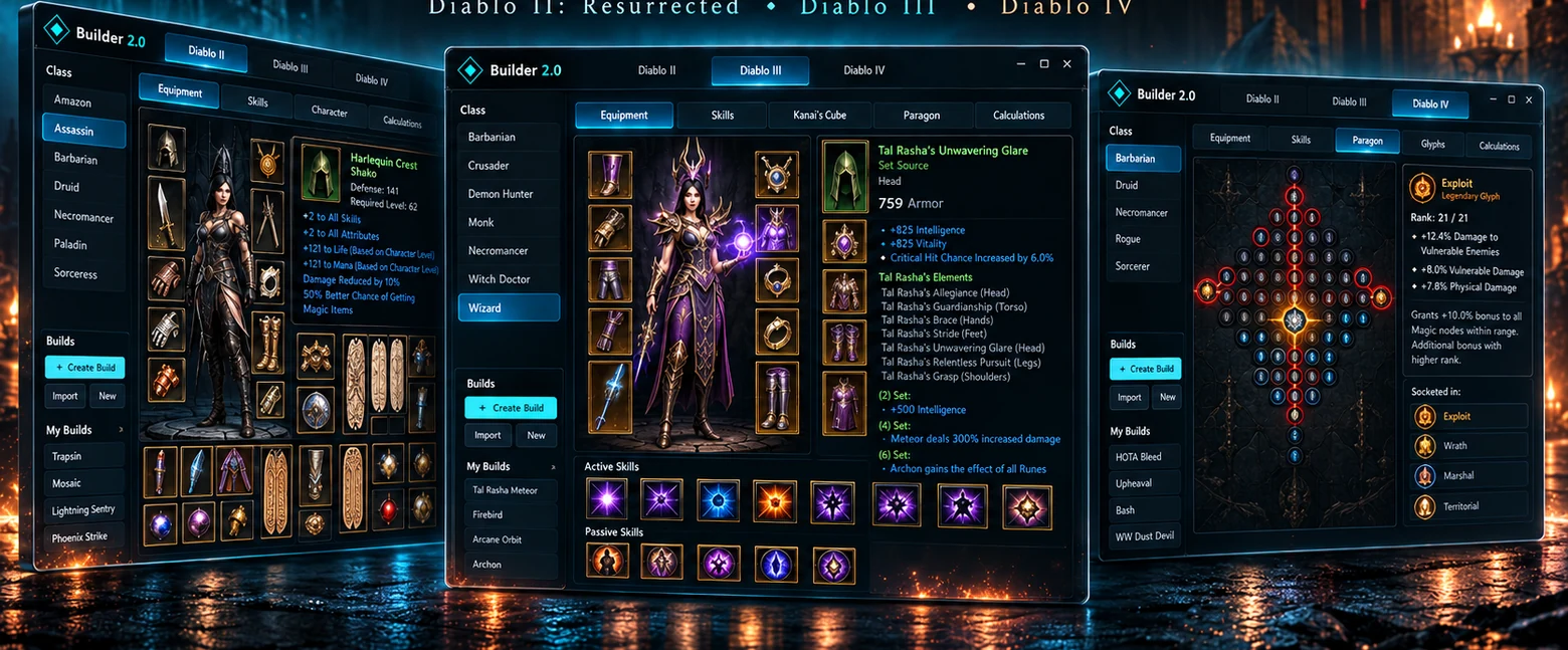 Три окна интерфейса Builder 2.0: Diablo II, Diablo III и Diablo IV